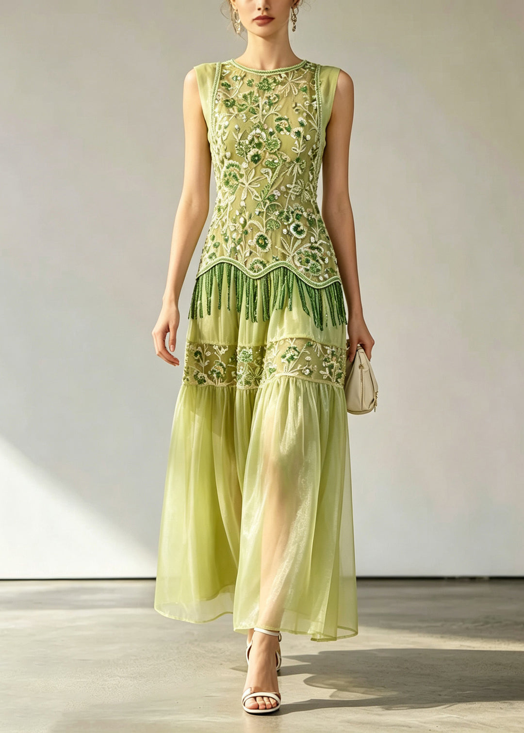 Chic Green Embroidered Patchwork Silk Long Dress Sleeveless