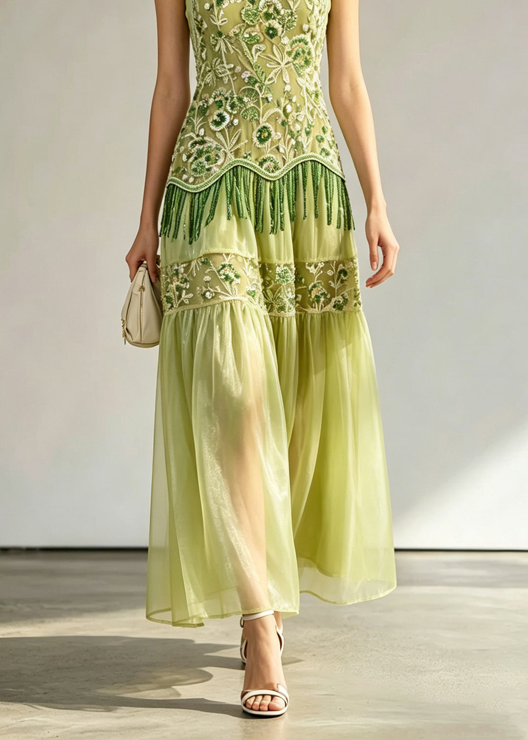 Chic Green Embroidered Patchwork Silk Long Dress Sleeveless