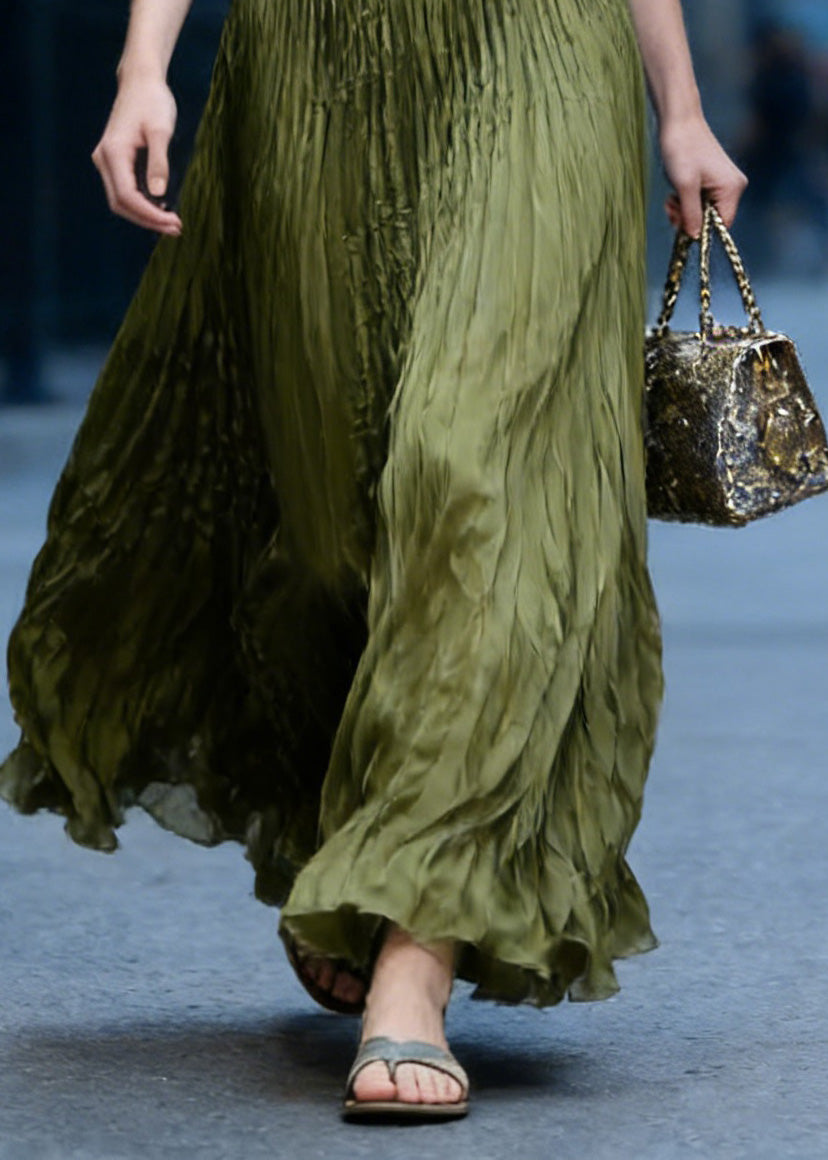 Chic Green High Waist Wrinkled Chiffon Skirts Spring