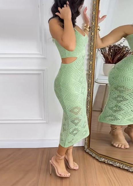 Chic Green Hollow Out Cold Waist Knit Holiday Dress Summer