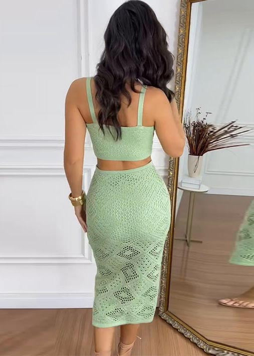 Chic Green Hollow Out Cold Waist Knit Holiday Dress Summer