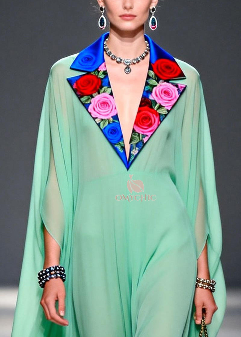 Chic Green Notched Patchwork Exra Large Hem Chiffon Dress Summer