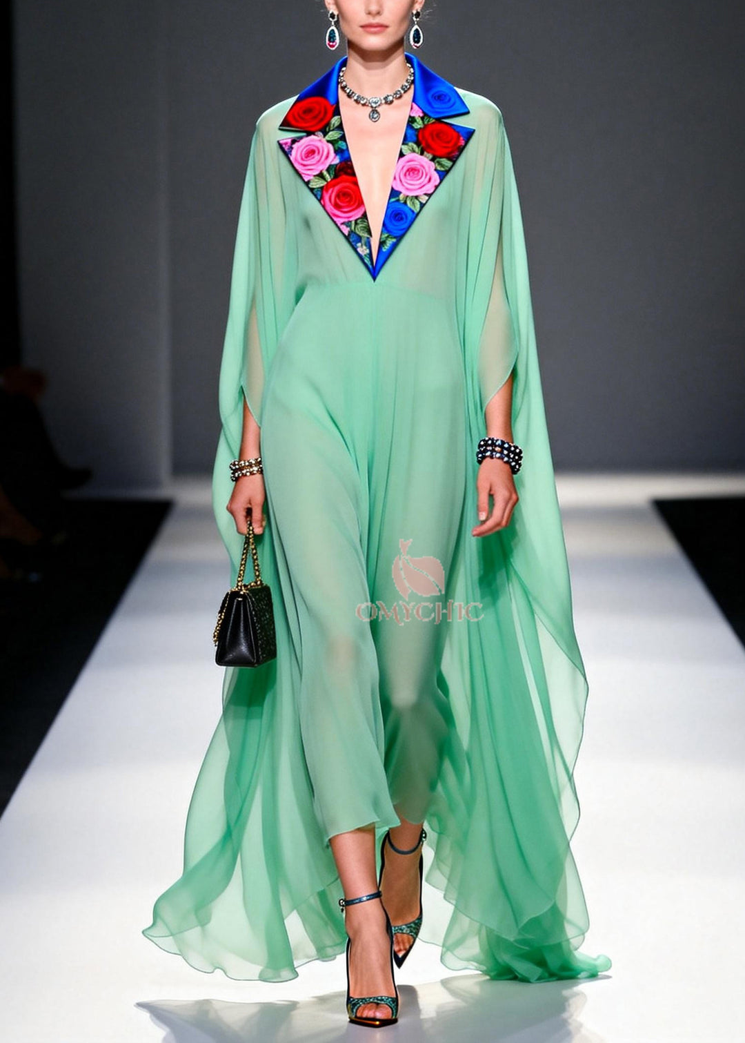 Chic Green Notched Patchwork Exra Large Hem Chiffon Dress Summer