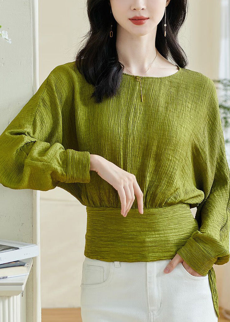 Chic Green O-Neck Patchwork Bow Top Lantern Sleeve