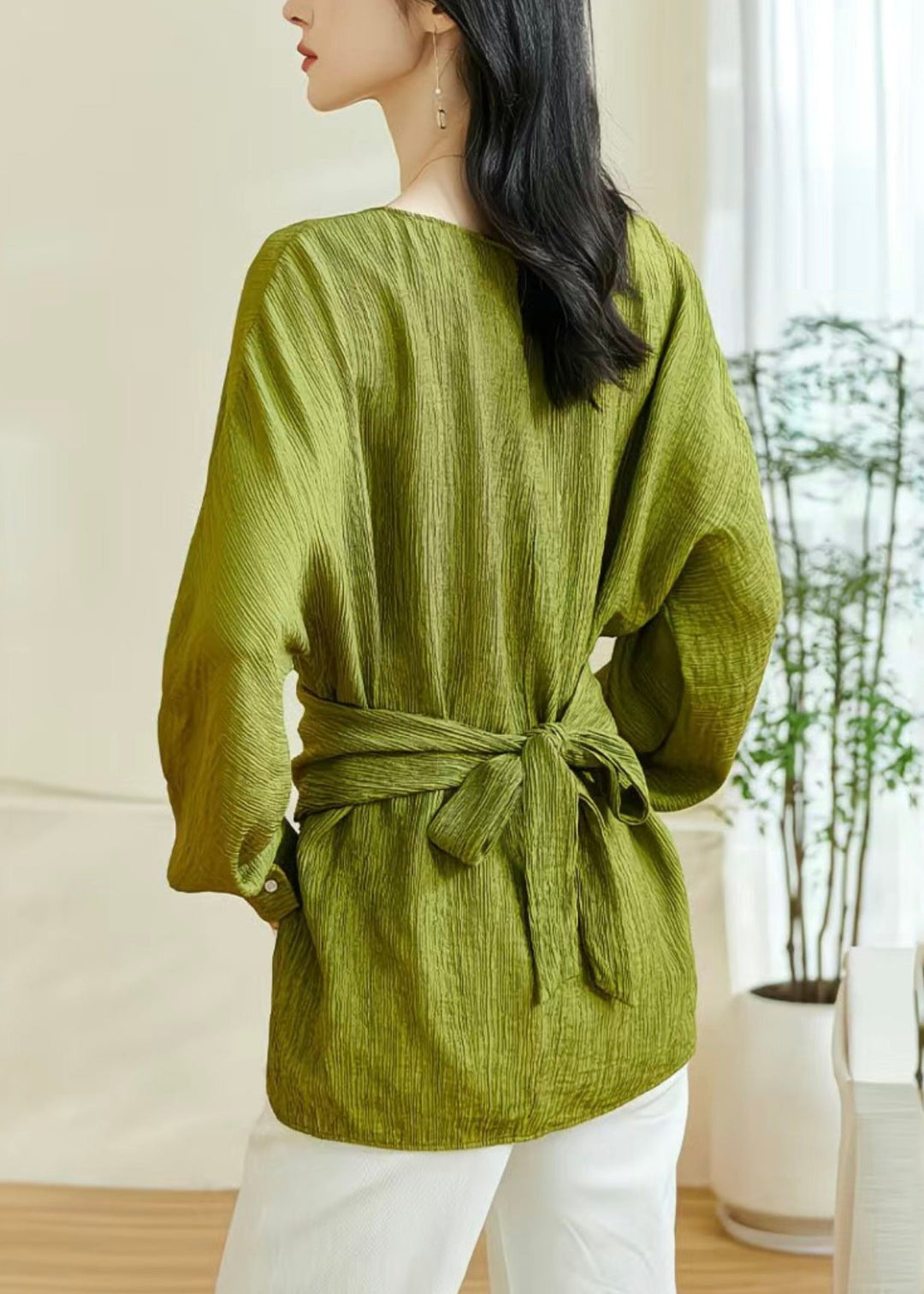 Chic Green O-Neck Patchwork Bow Top Lantern Sleeve