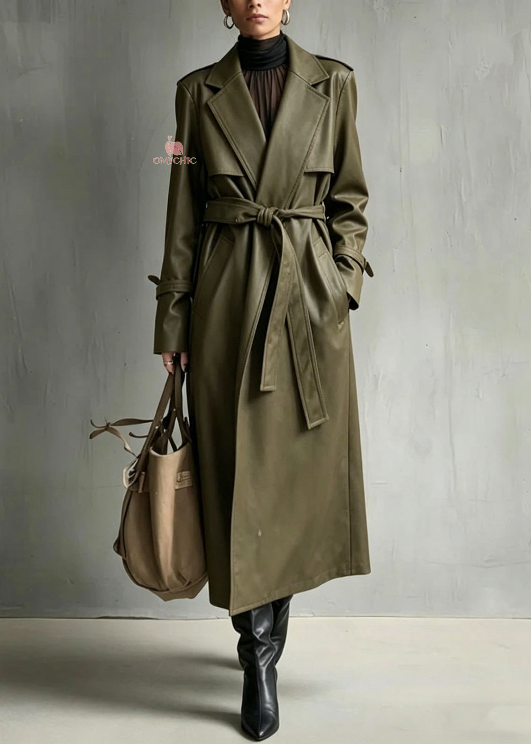 Chic Green Peter Pan Collar Pockets Faux Leather Trench Fall
