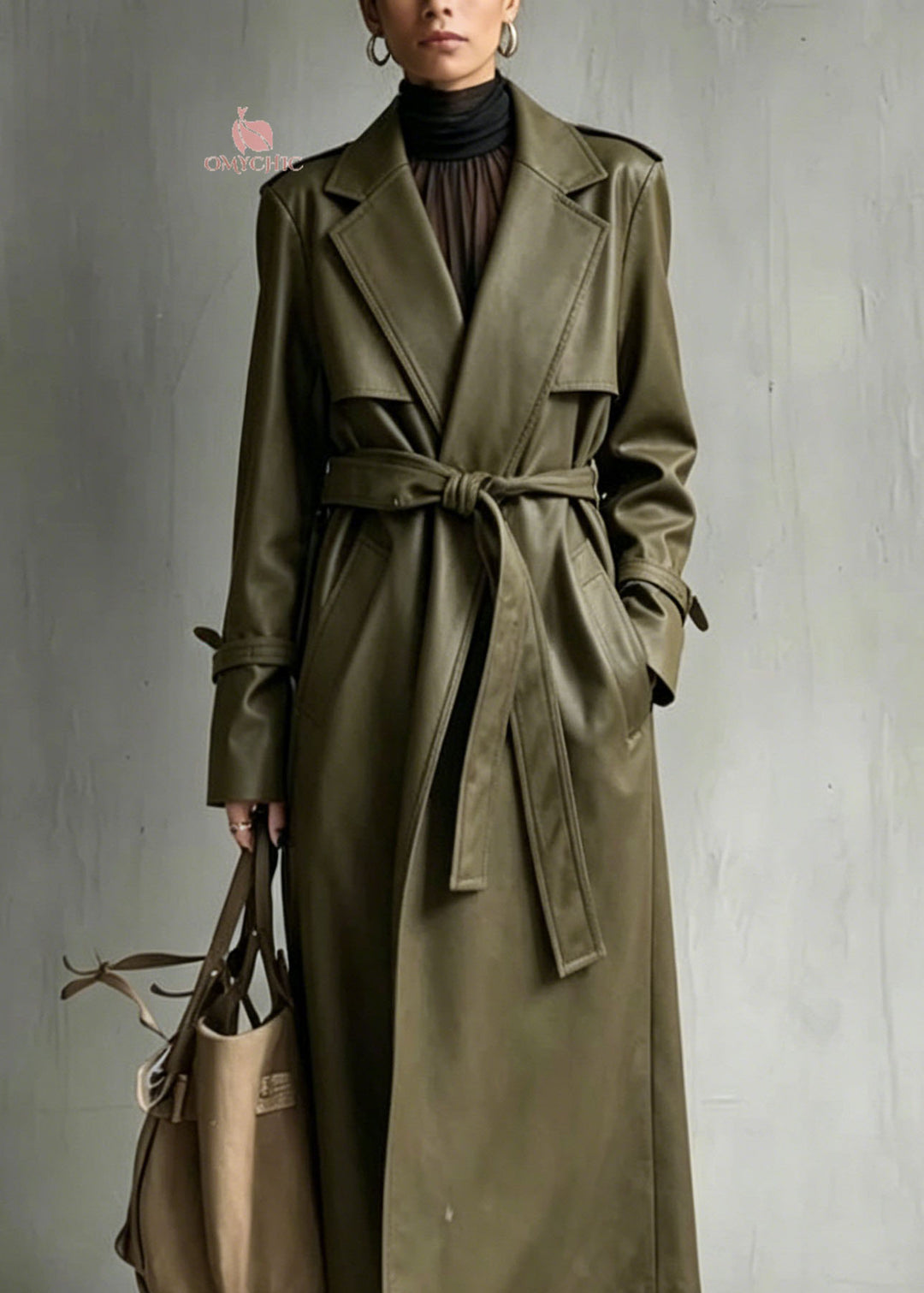 Chic Green Peter Pan Collar Pockets Faux Leather Trench Fall