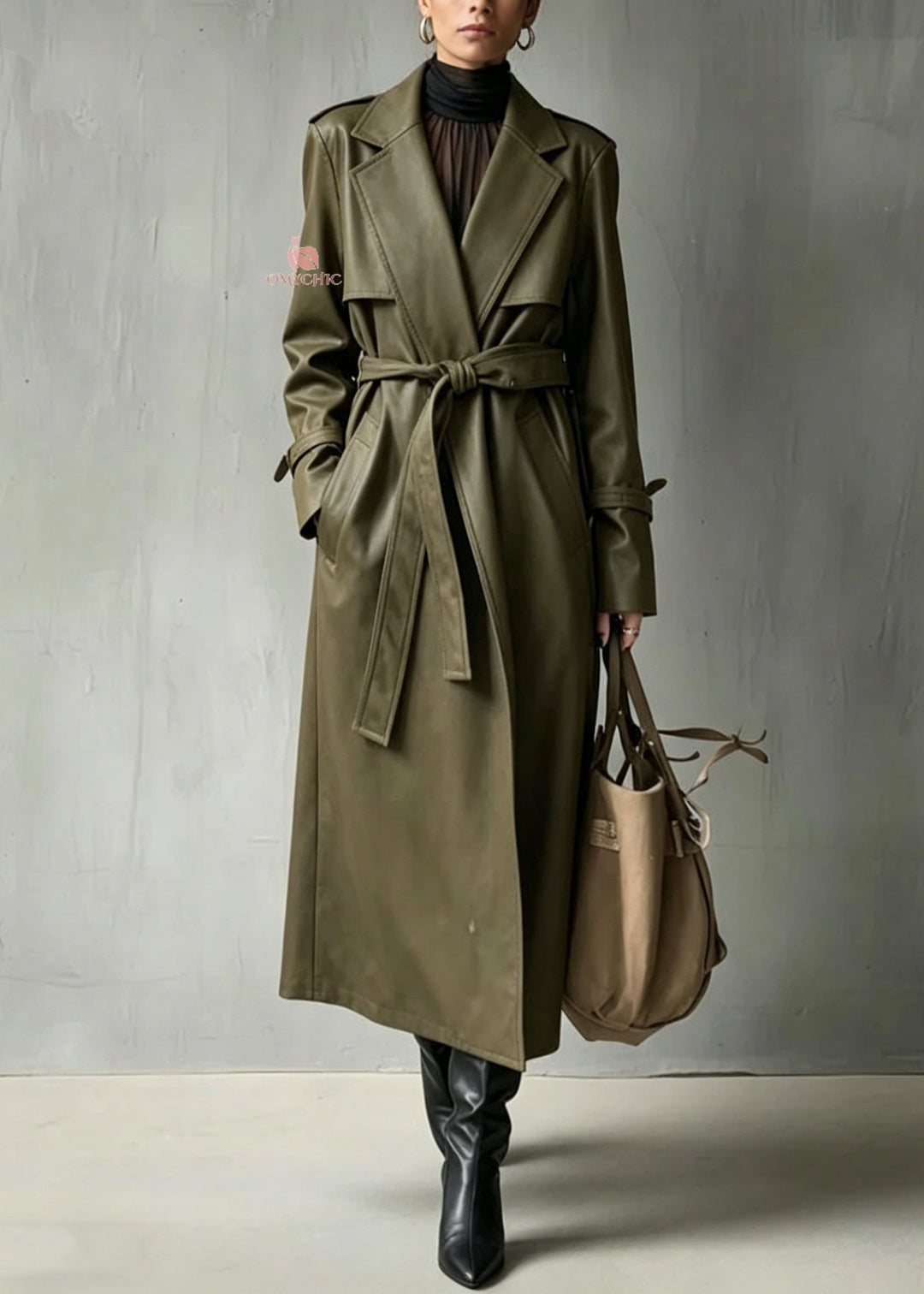 Chic Green Peter Pan Collar Pockets Faux Leather Trench Fall