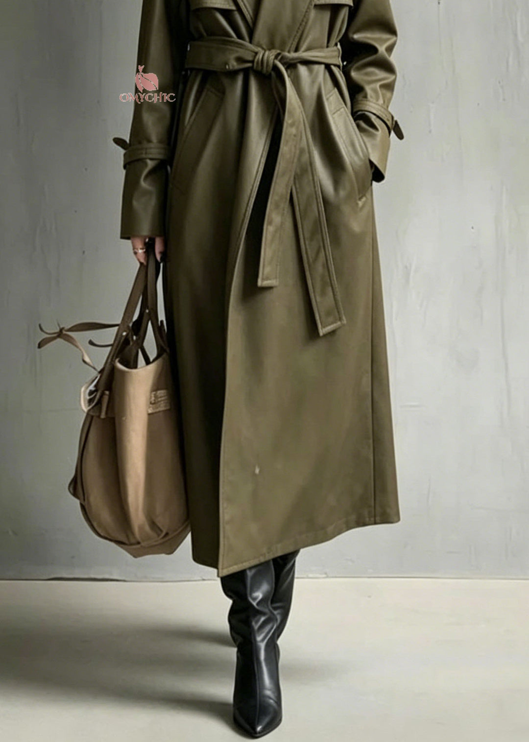 Chic Green Peter Pan Collar Pockets Faux Leather Trench Fall