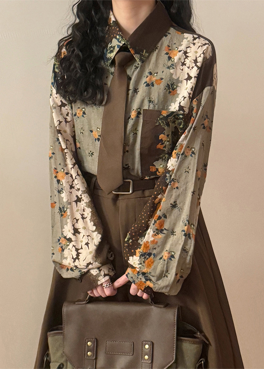 Chic Green Print Button Pockets Cotton Blouses Spring