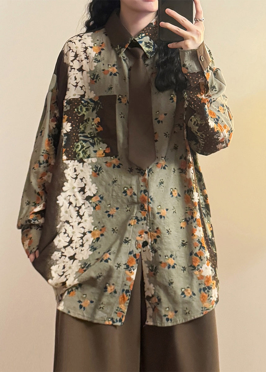 Chic Green Print Button Pockets Cotton Blouses Spring