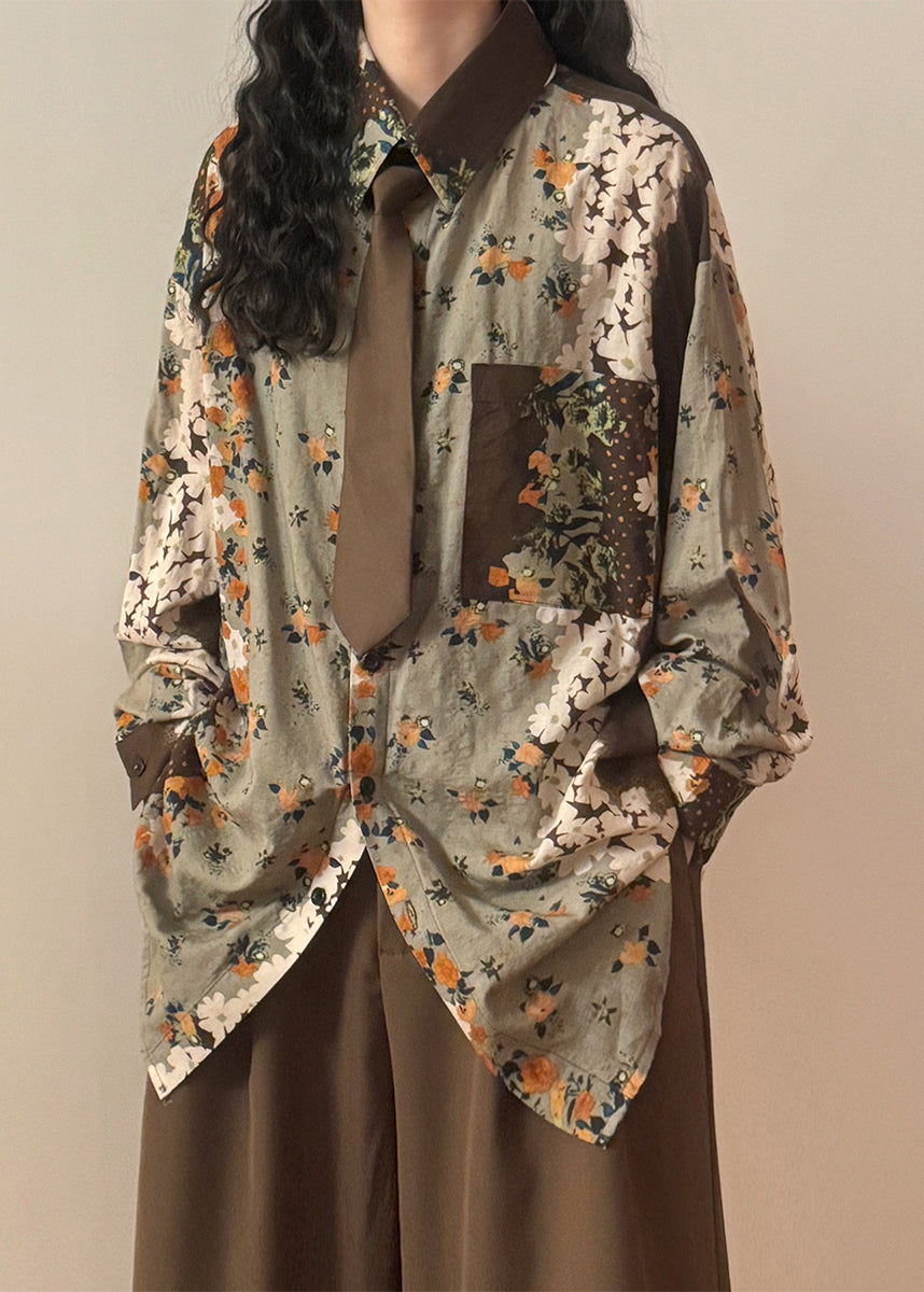 Chic Green Print Button Pockets Cotton Blouses Spring