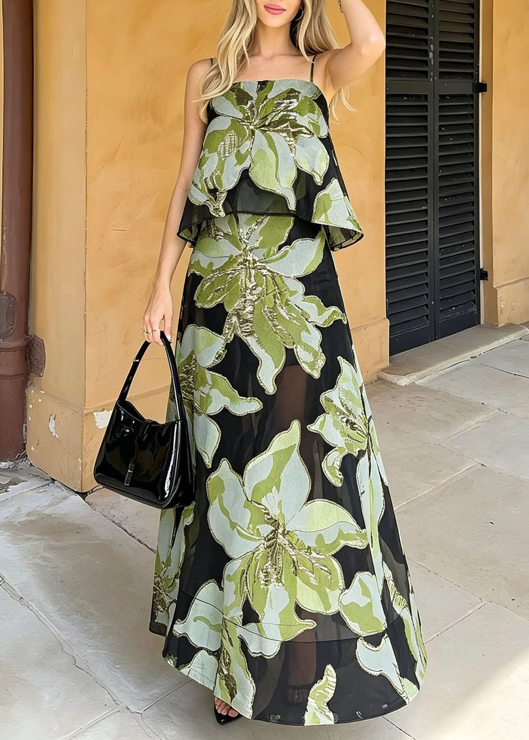 Chic Green Print Chiffon Spaghetti Strap Dress Summer