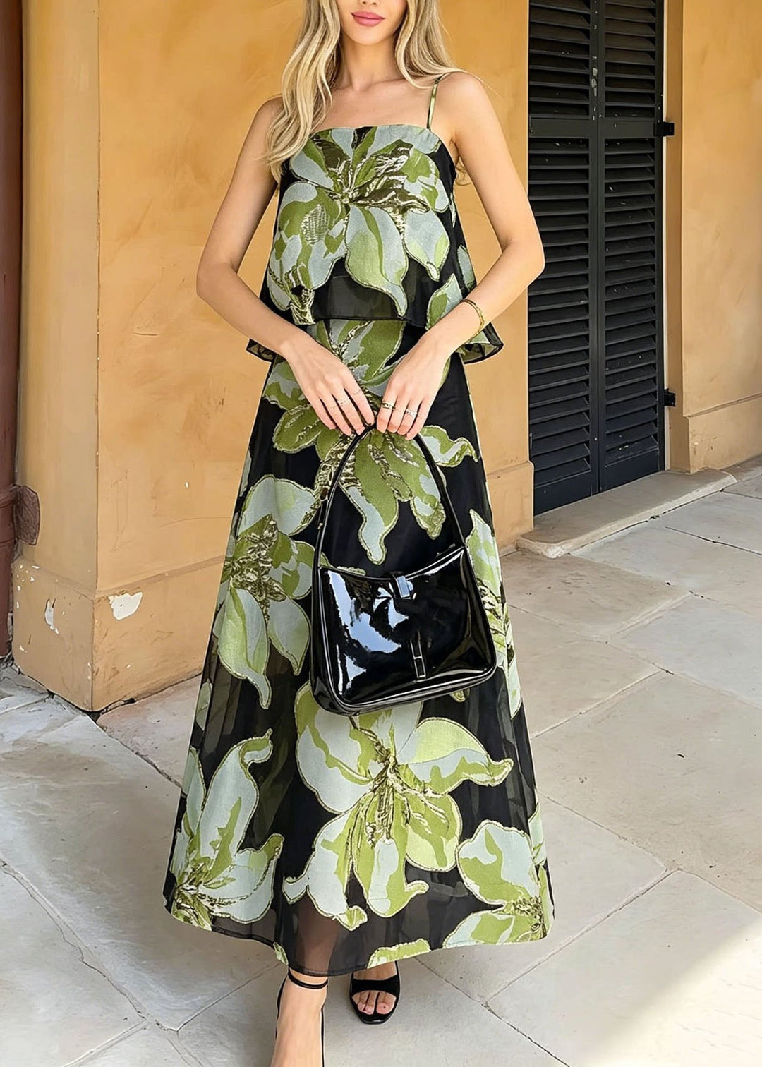 Chic Green Print Chiffon Spaghetti Strap Dress Summer