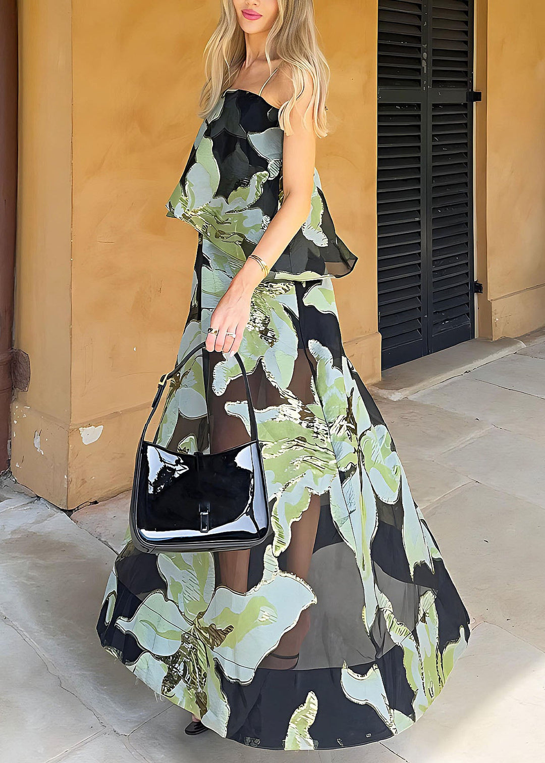 Chic Green Print Chiffon Spaghetti Strap Dress Summer