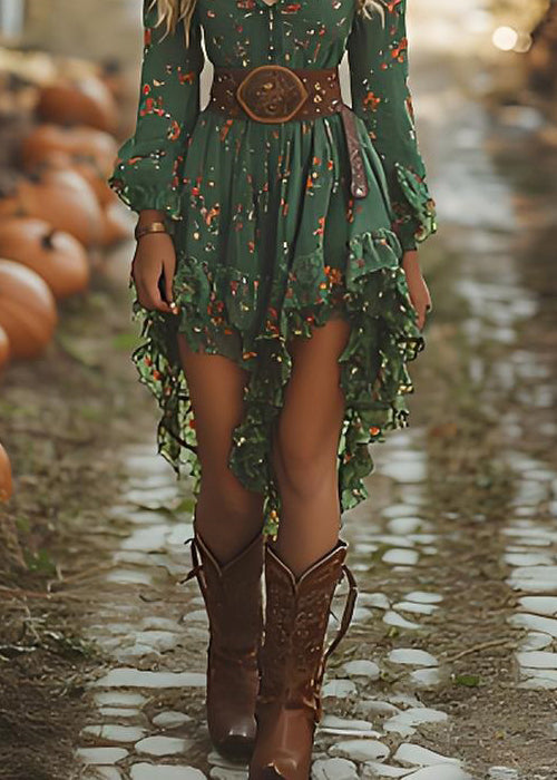 Chic Green Ruffled Asymmetrical Print Cotton Vacation Dresses Spring