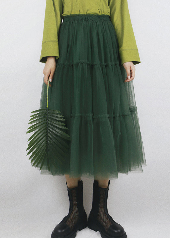 Chic Green Ruffled Elastic Waist Tulle Skirt Summer