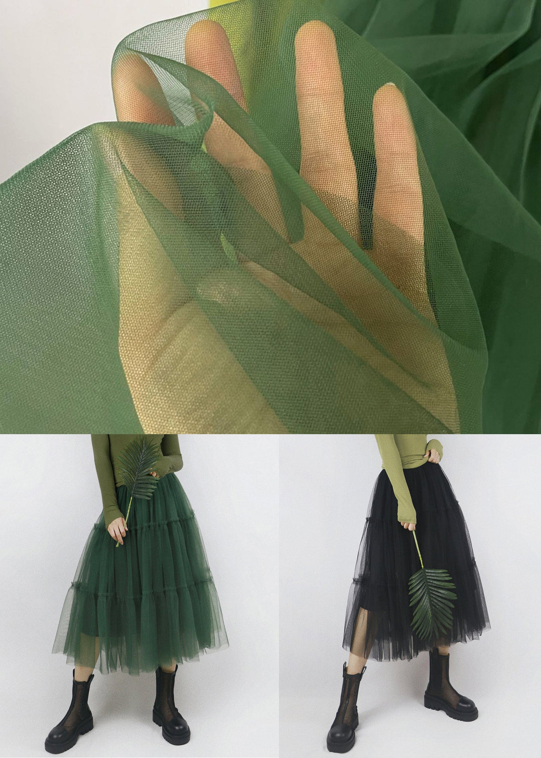 Chic Green Ruffled Elastic Waist Tulle Skirt Summer