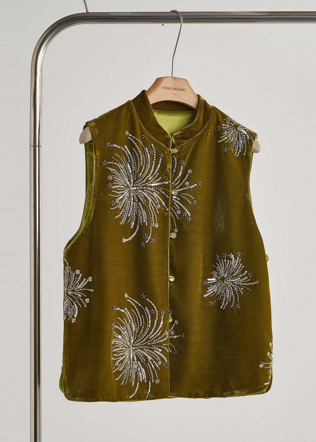 Chic Green Sequins Embroidered Silk Velvet Vest Fall