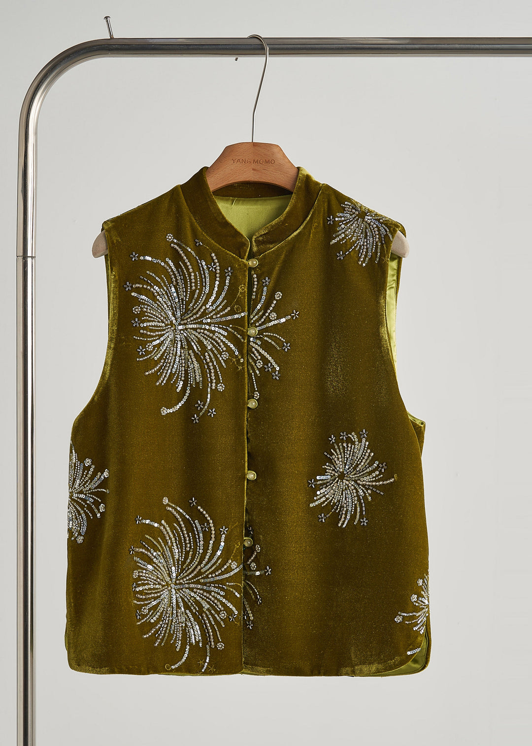 Chic Green Sequins Embroidered Silk Velvet Vest Fall