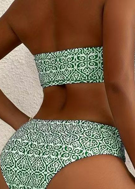 Chic Green Strapless Print Swimwear Set