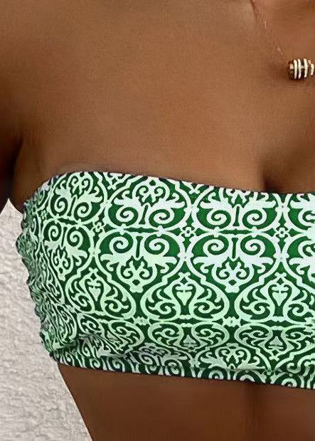 Chic Green Strapless Print Swimwear Set