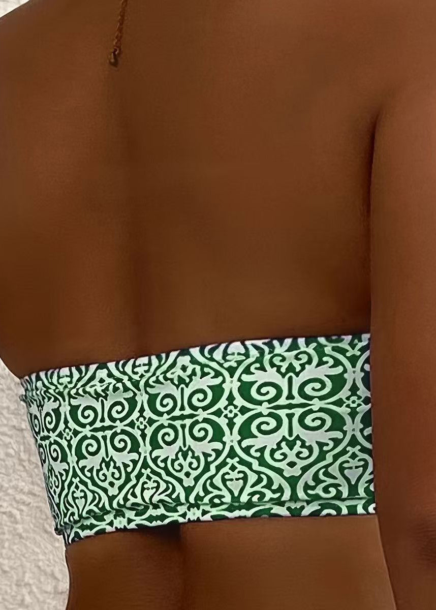 Chic Green Strapless Print Swimwear Set