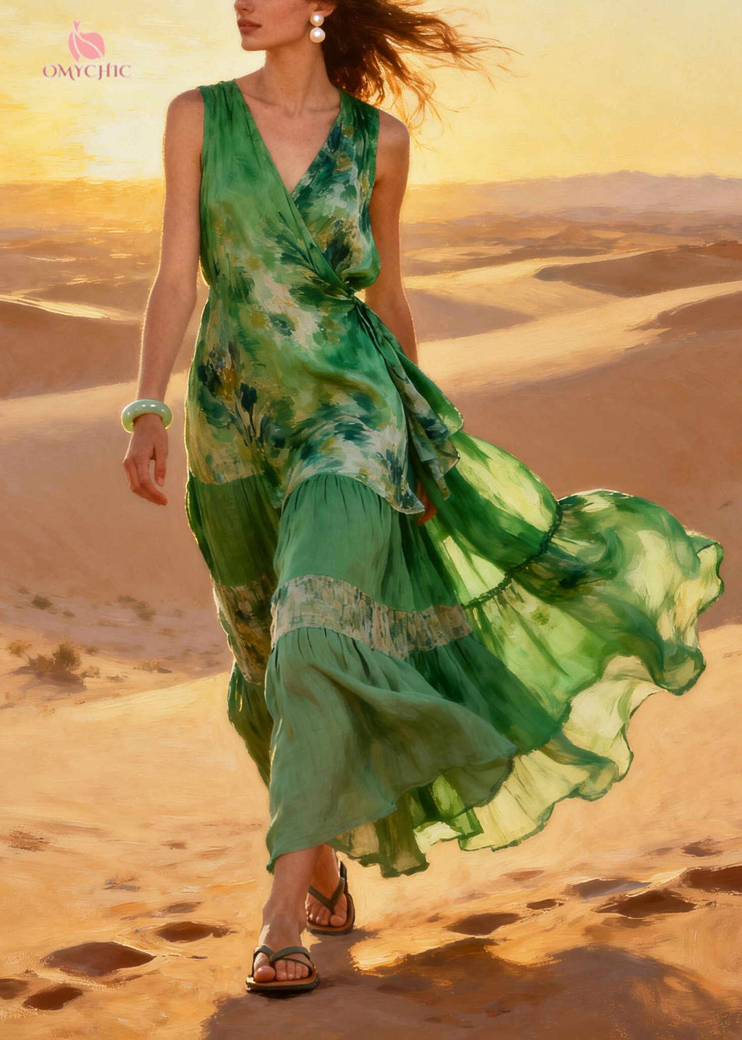 Chic Green Tie Dye Exra Large Hem Chiffon Holiday Dress Summer