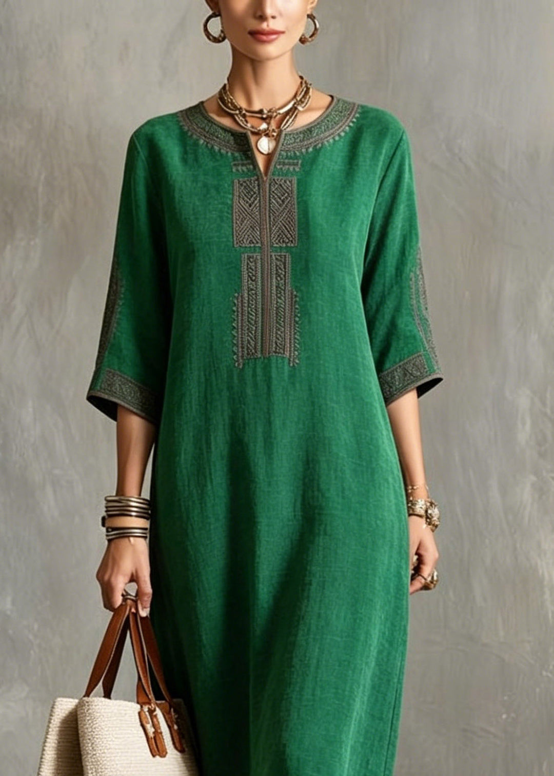 Chic Green V Neck Patchwork Silk Long Dresses Half Sleeve