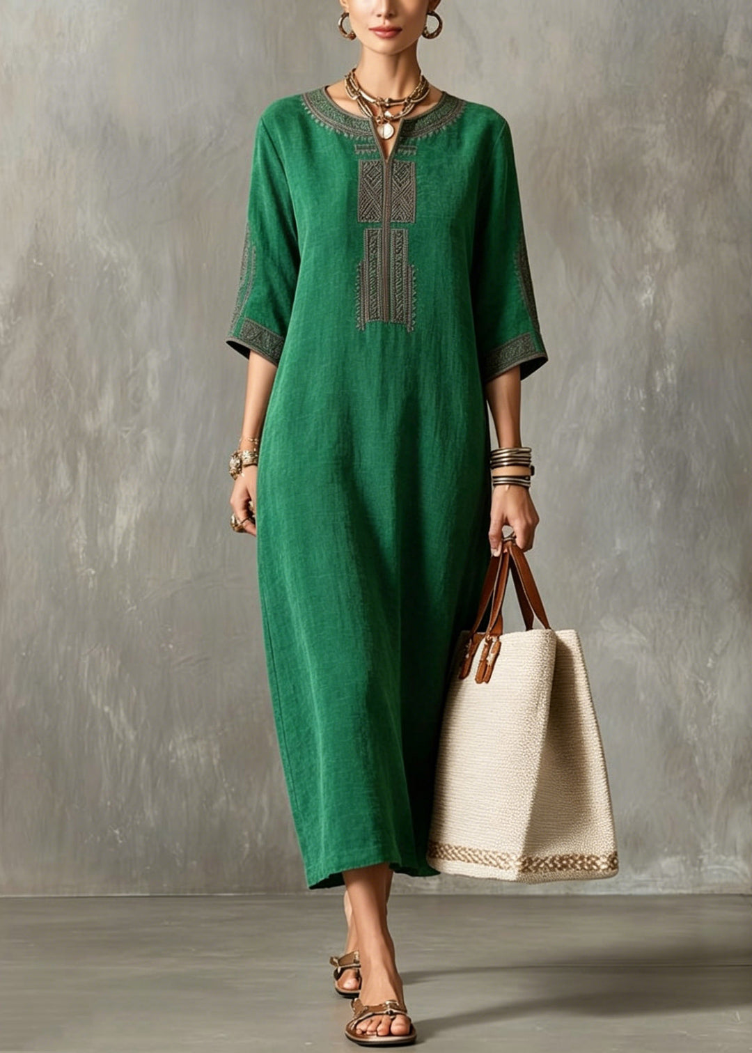 Chic Green V Neck Patchwork Silk Long Dresses Half Sleeve