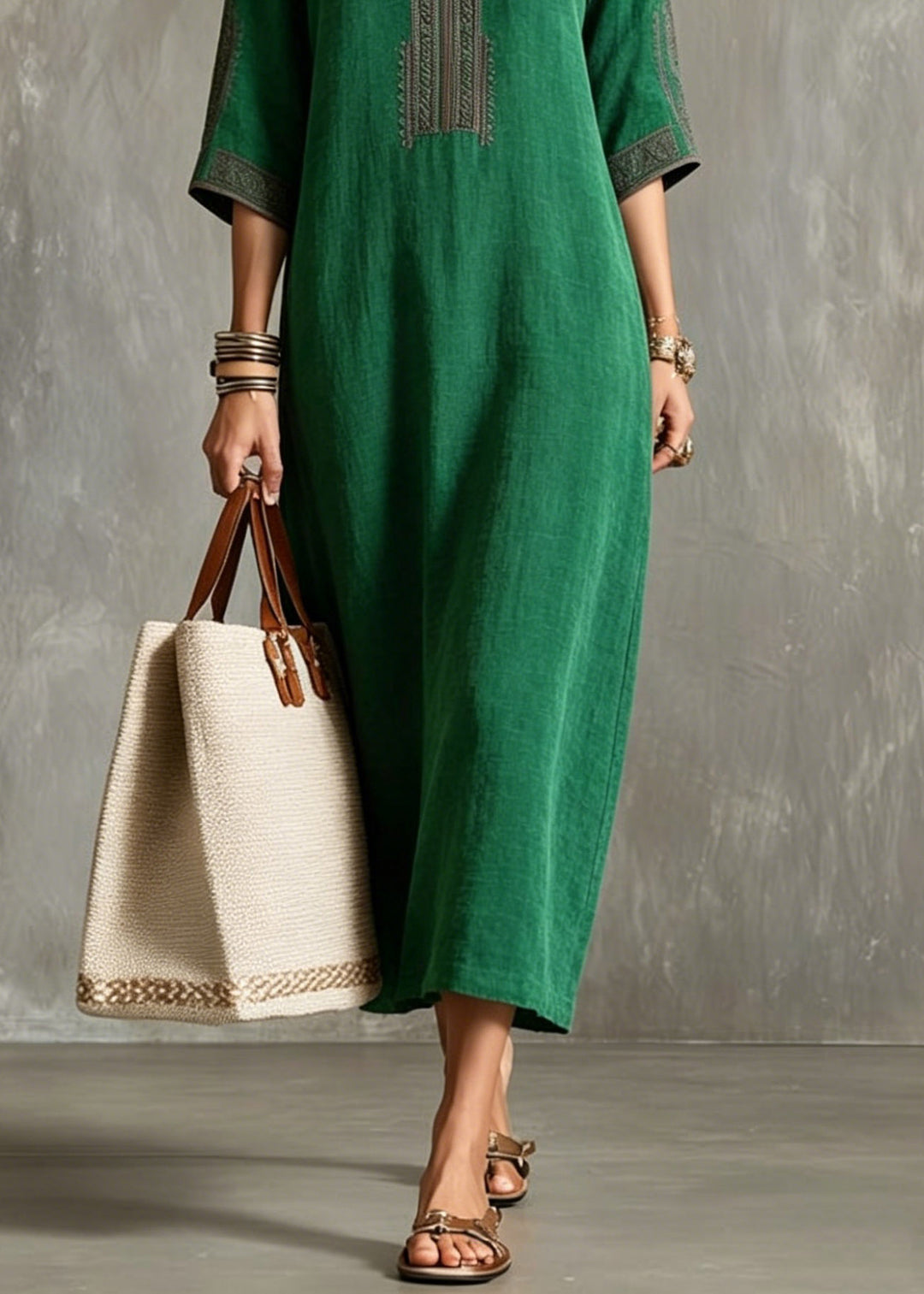 Chic Green V Neck Patchwork Silk Long Dresses Half Sleeve