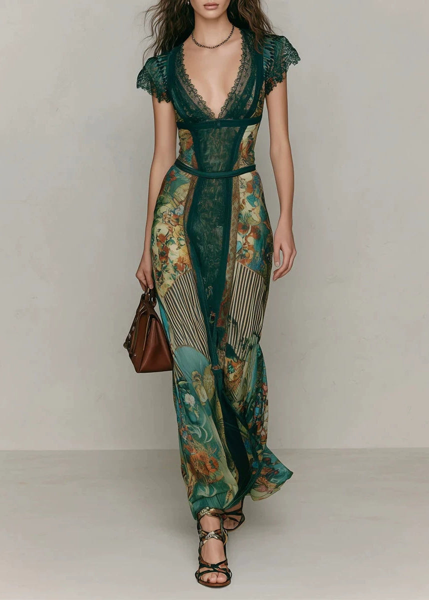 Chic Green V Neck Print Lace Patchwork Cotton Long Dresses Summer