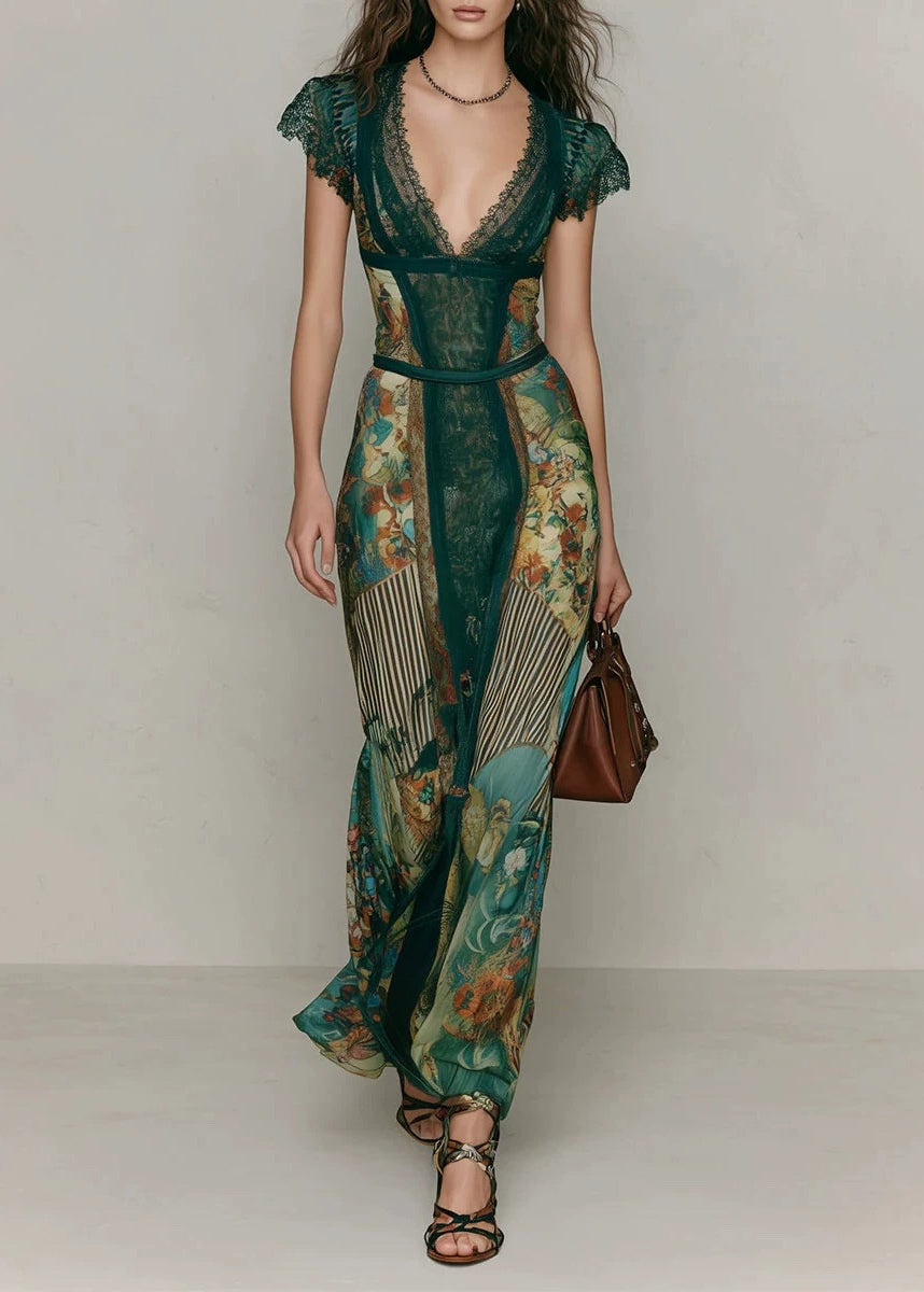Chic Green V Neck Print Lace Patchwork Cotton Long Dresses Summer