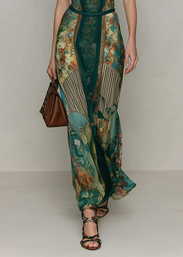 Chic Green V Neck Print Lace Patchwork Cotton Long Dresses Summer