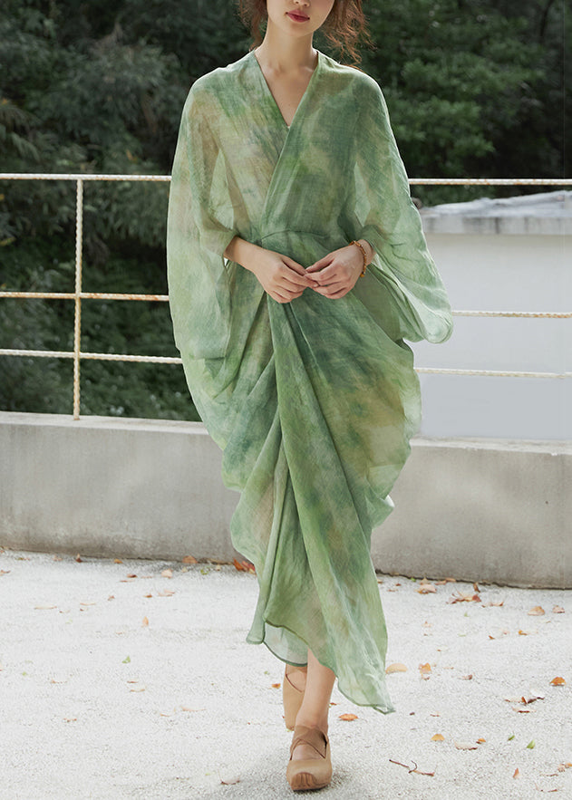 Chic Green V Neck Print Linen Two Pieces Set Batwing Sleeve