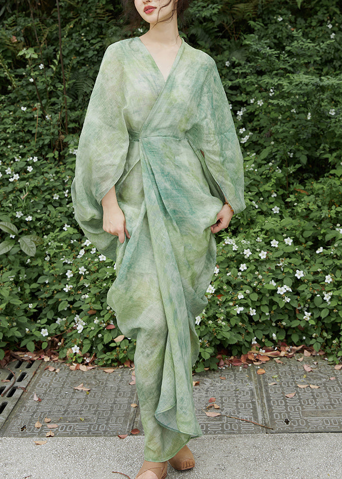 Chic Green V Neck Print Linen Two Pieces Set Batwing Sleeve