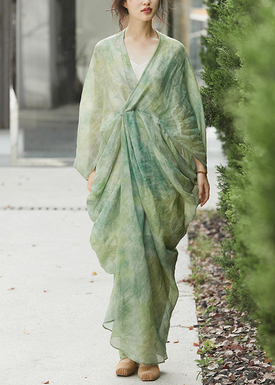 Chic Green V Neck Print Linen Two Pieces Set Batwing Sleeve
