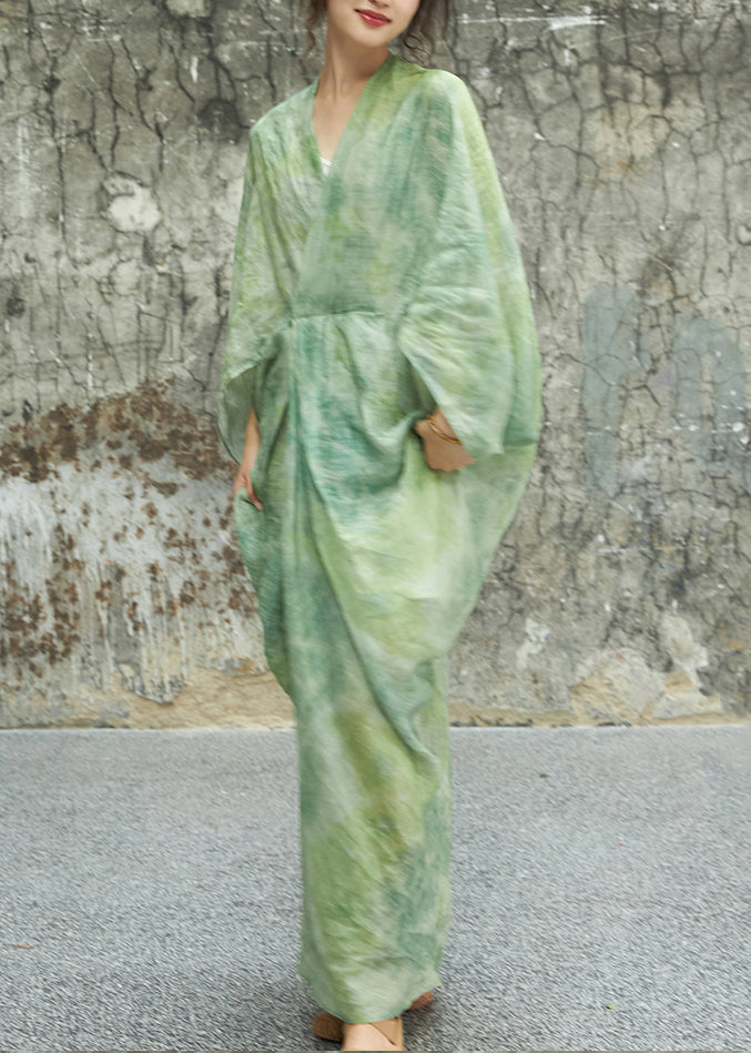 Chic Green V Neck Print Linen Two Pieces Set Batwing Sleeve