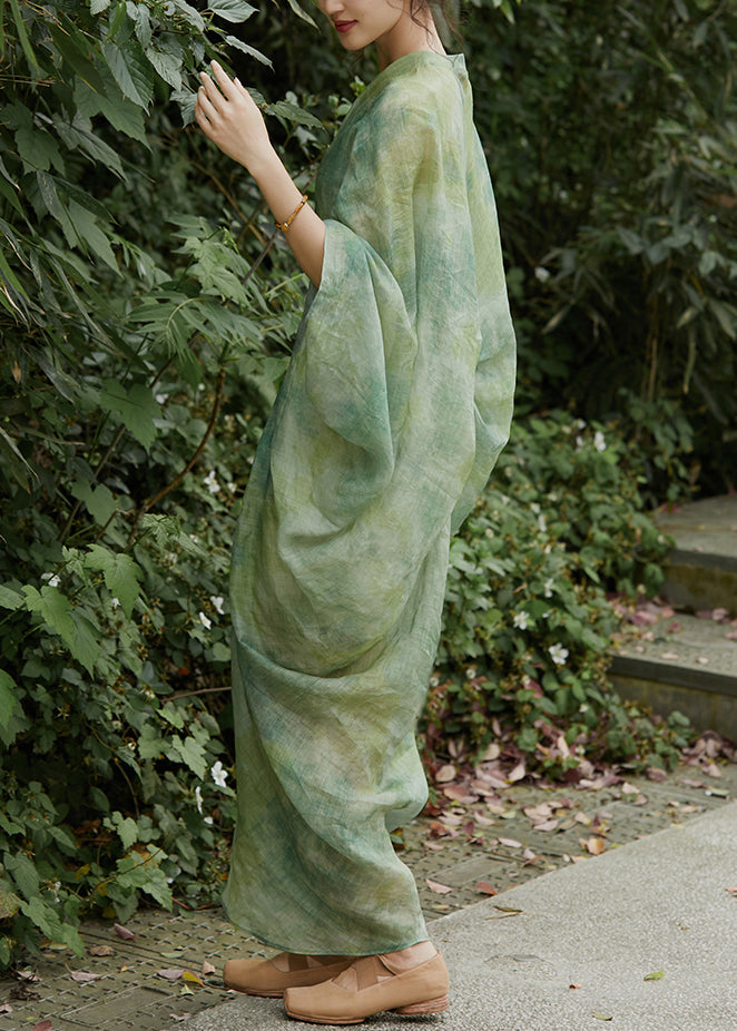Chic Green V Neck Print Linen Two Pieces Set Batwing Sleeve