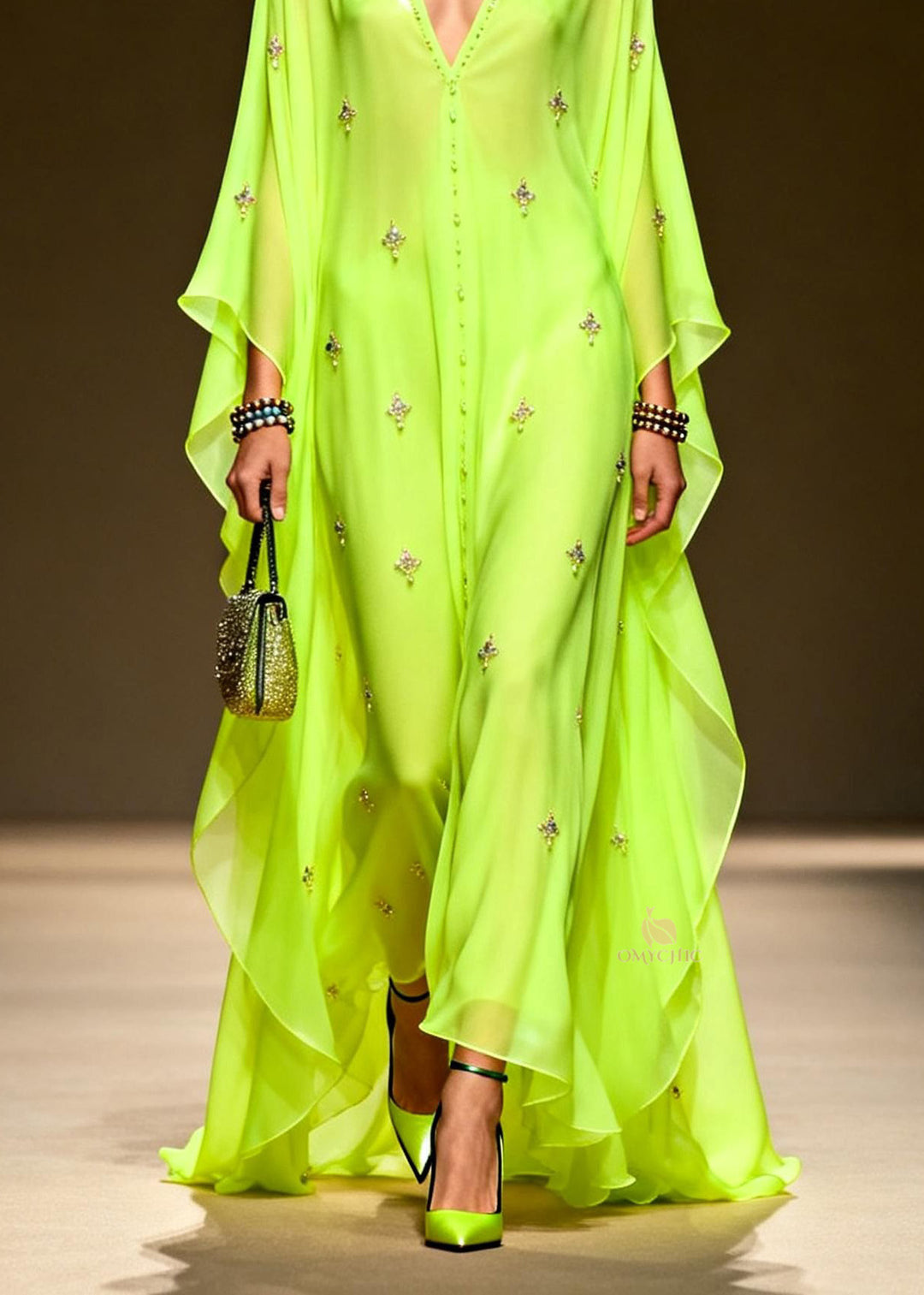 Chic Green V Neck Zircon Chiffon Maxi Dress Spring