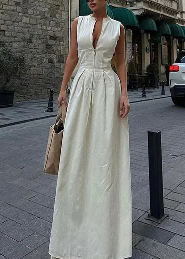 Chic Green Zip Up Pockets Patchwork Cotton Long Dress Sleeveless