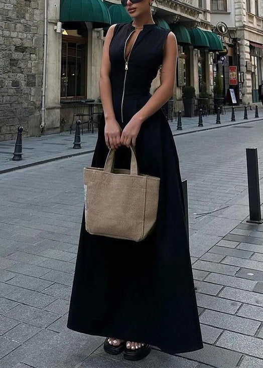 Chic Green Zip Up Pockets Patchwork Cotton Long Dress Sleeveless