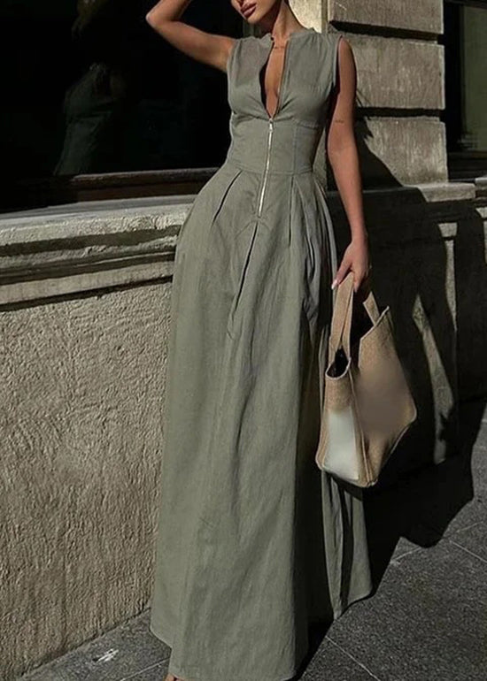 Chic Green Zip Up Pockets Patchwork Cotton Long Dress Sleeveless