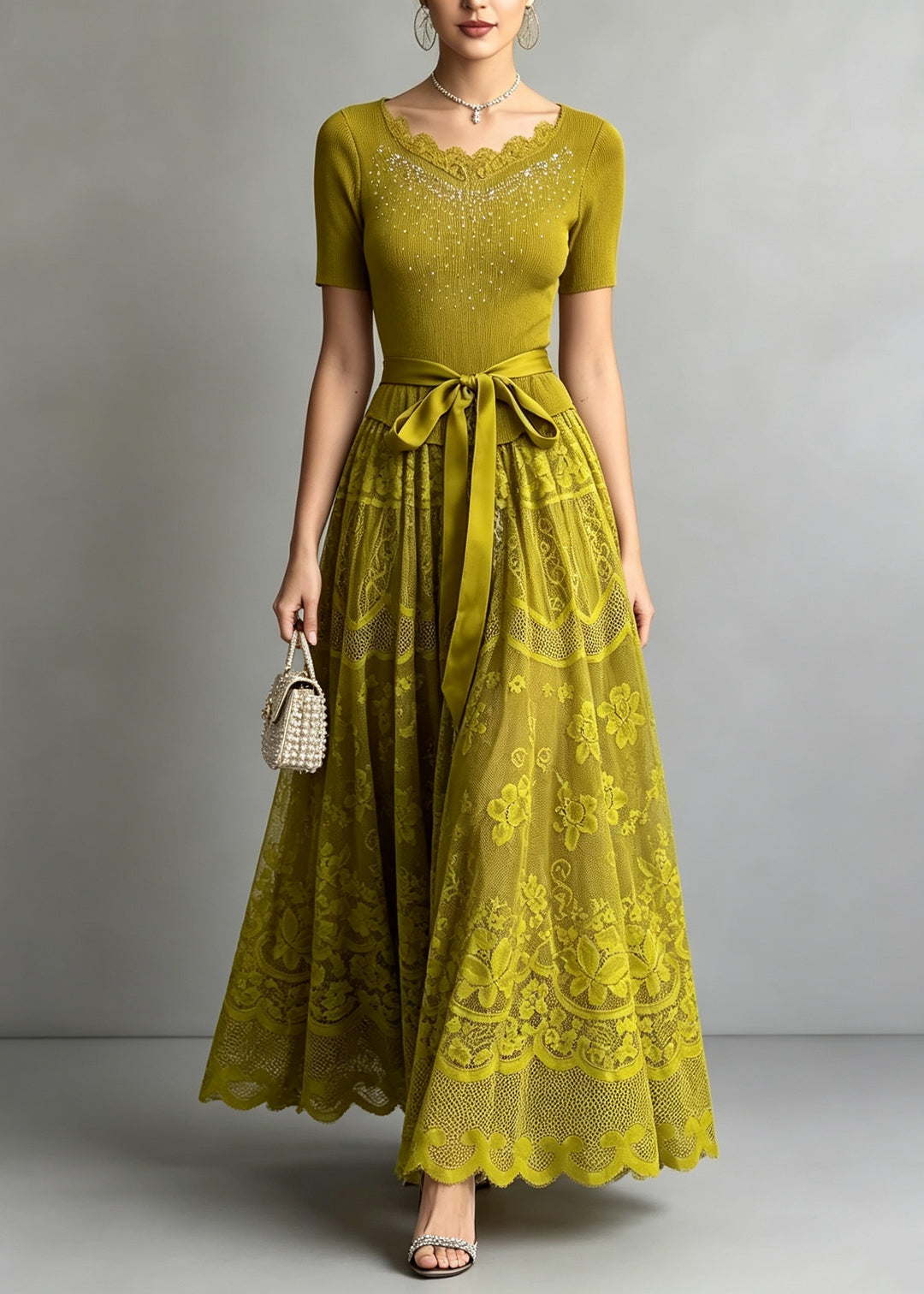 Chic Green Zircon Lace Patchwork Tie Waist Knit Dresses Summer