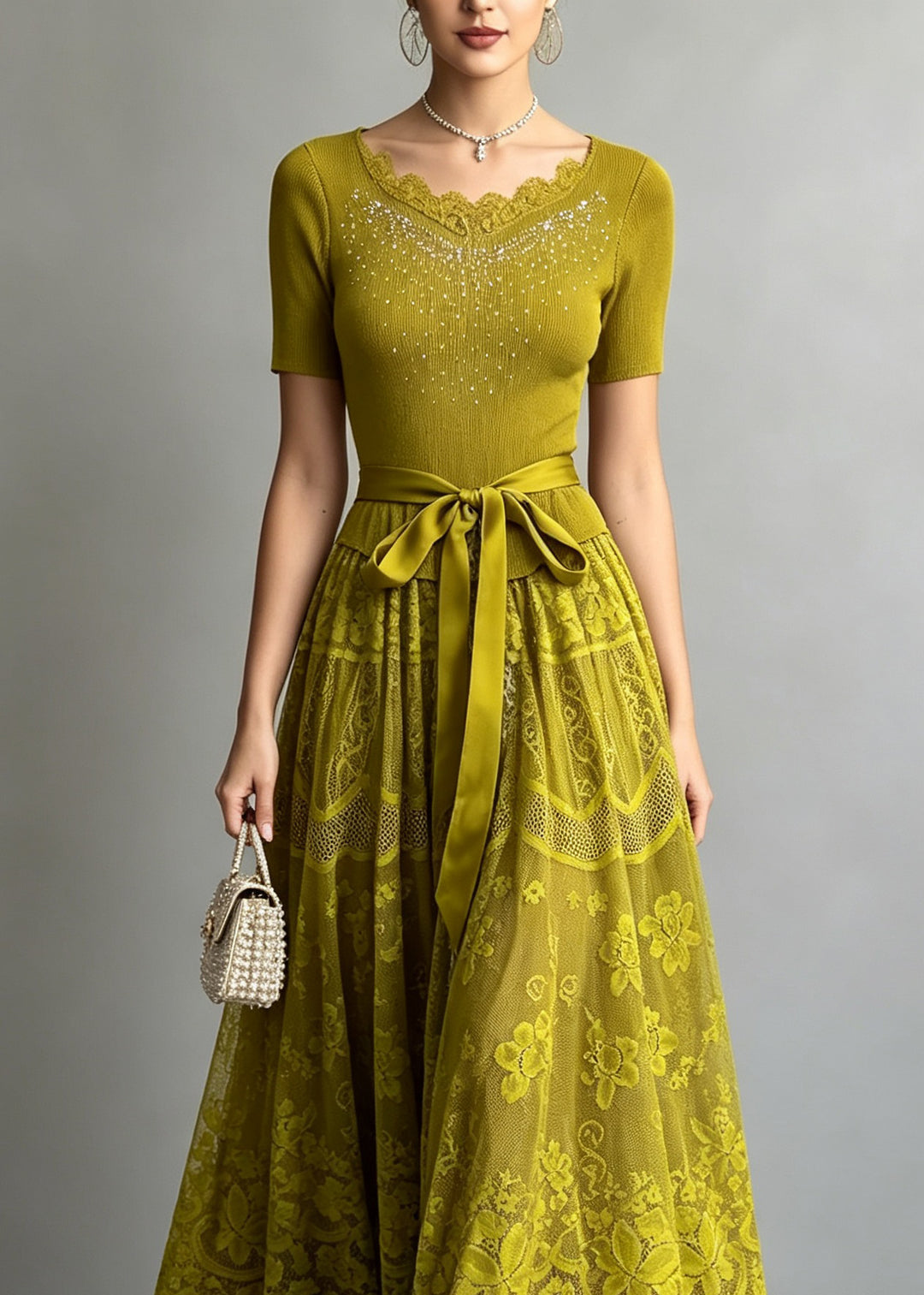 Chic Green Zircon Lace Patchwork Tie Waist Knit Dresses Summer