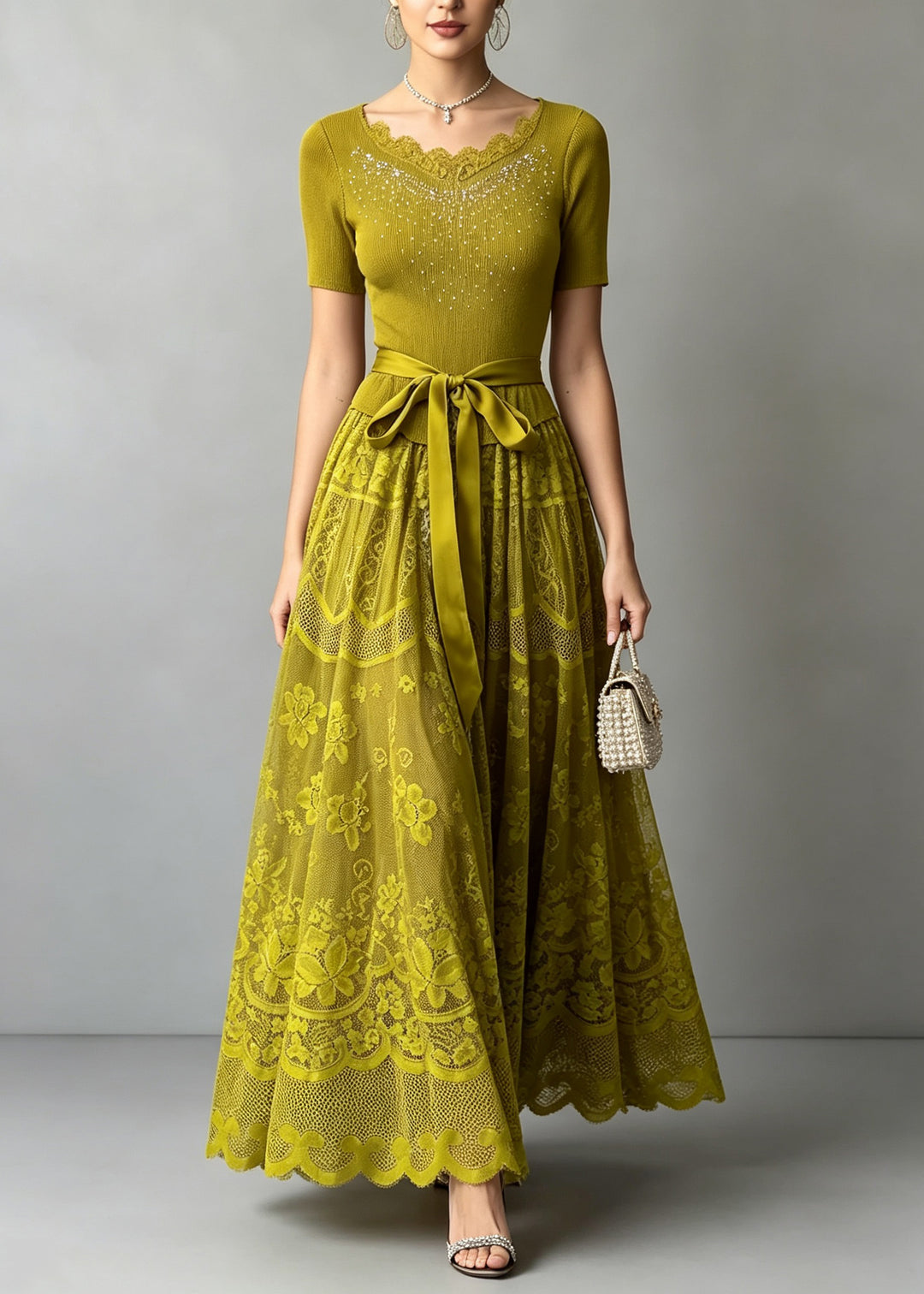 Chic Green Zircon Lace Patchwork Tie Waist Knit Dresses Summer