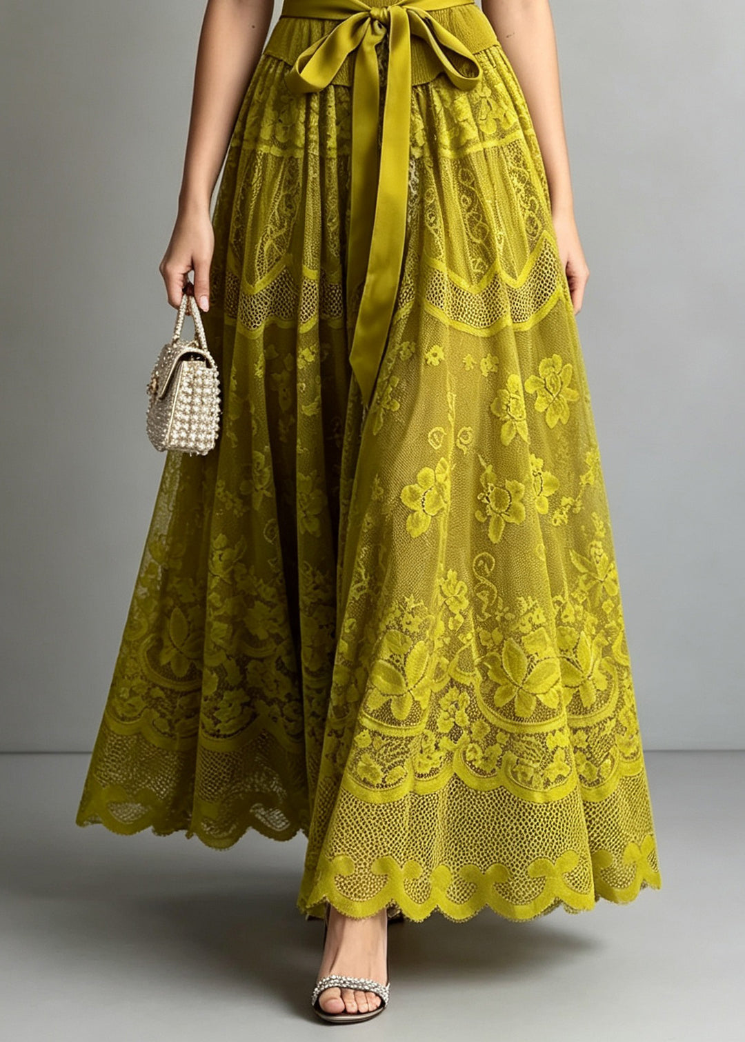 Chic Green Zircon Lace Patchwork Tie Waist Knit Dresses Summer