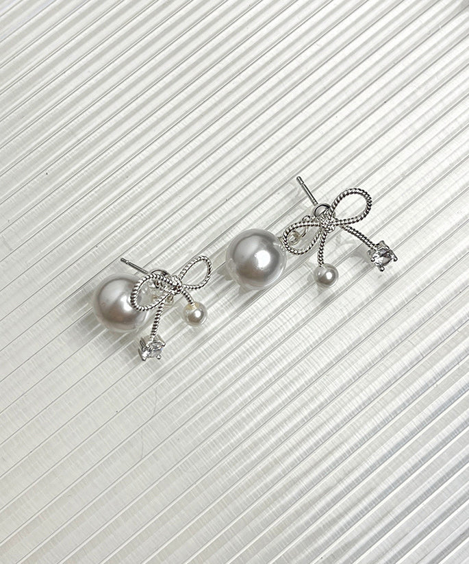 Chic Grey Alloy Pear Bow Stud Earrings