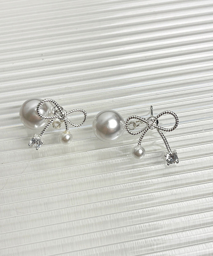 Chic Grey Alloy Pear Bow Stud Earrings