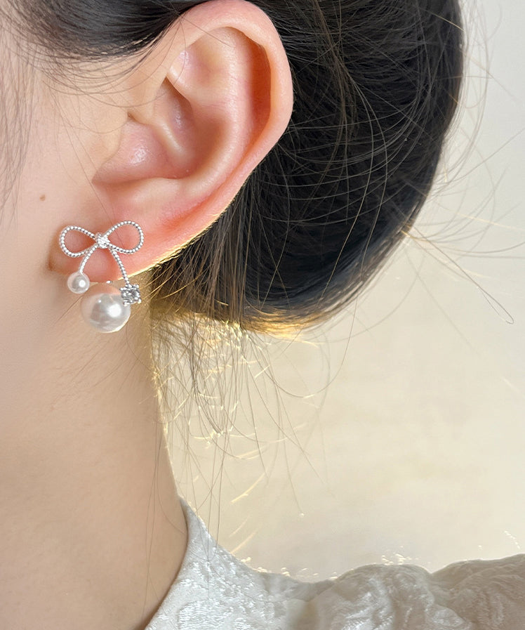 Chic Grey Alloy Pear Bow Stud Earrings